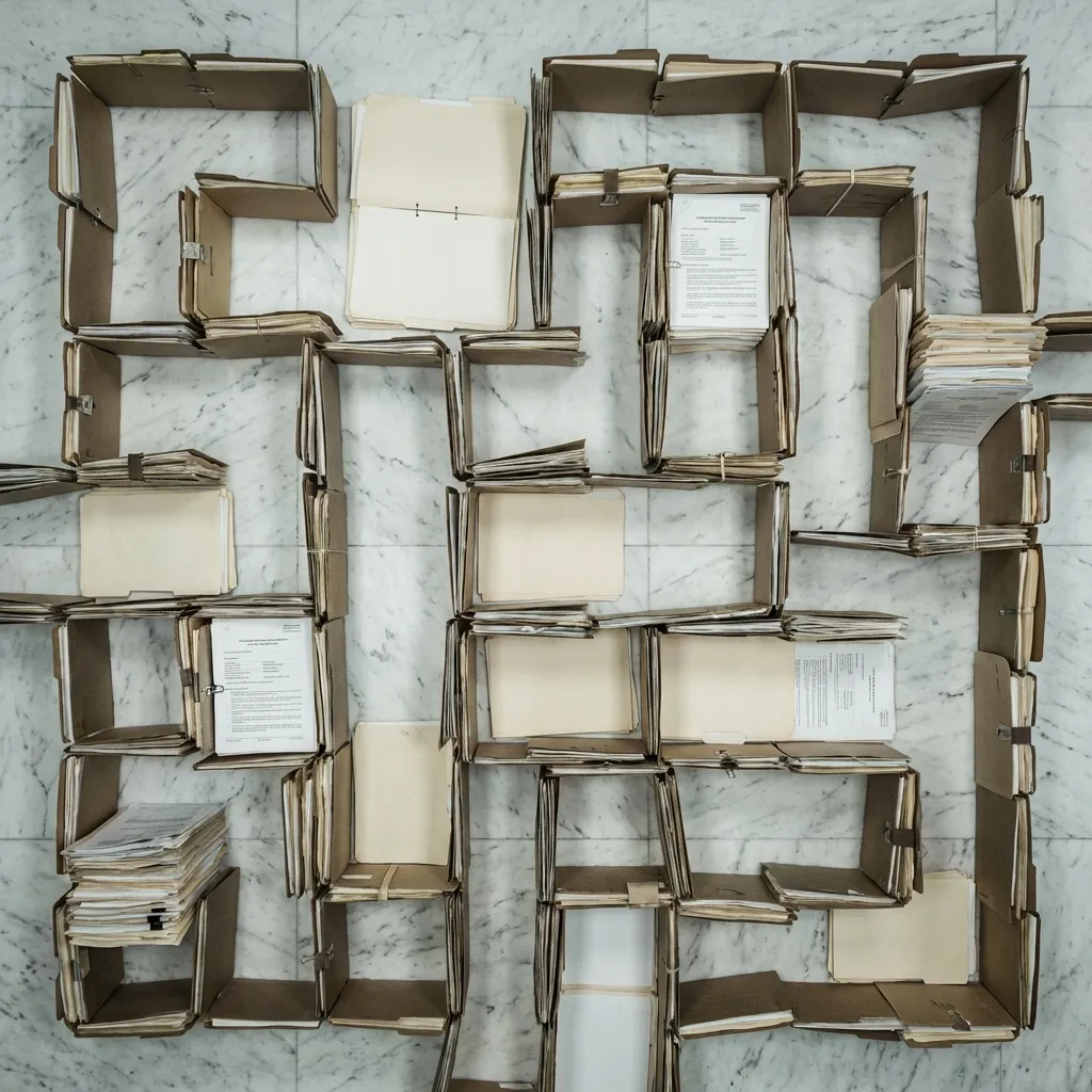 Filing folders arranged in a labyrinth pattern, representing BHCR's complex multi-jurisdiction corporate structure